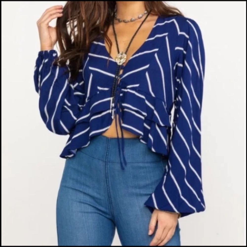 Free People Samifran Peplum Striped Cropped Top Blue White Size S